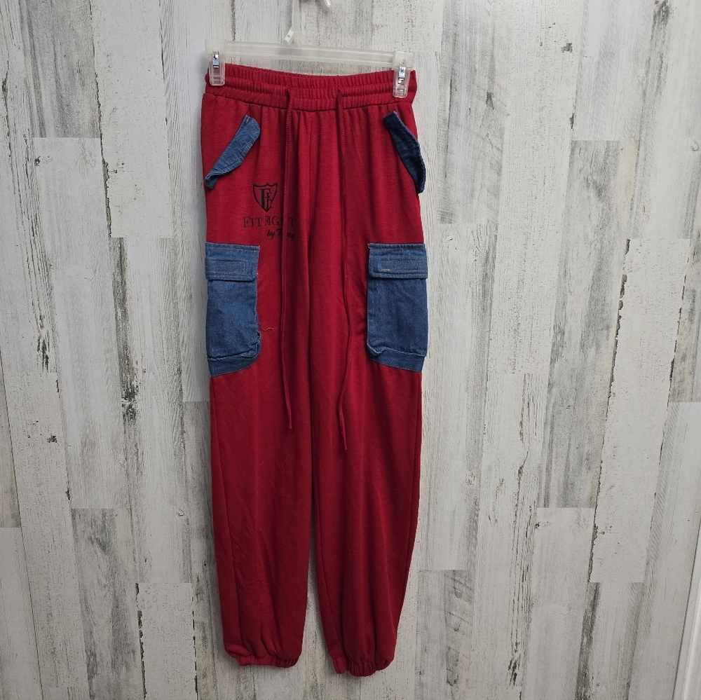Womens Red Jogger Pants with Blue Pockets Size Medium